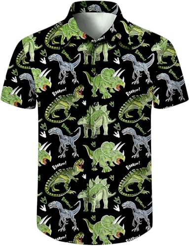 COSAVOROCK Dinosaur Hawaiian Shirts for Men Floral Button Shirt Aloha Summer Casual Top, Dinosaur Black, L