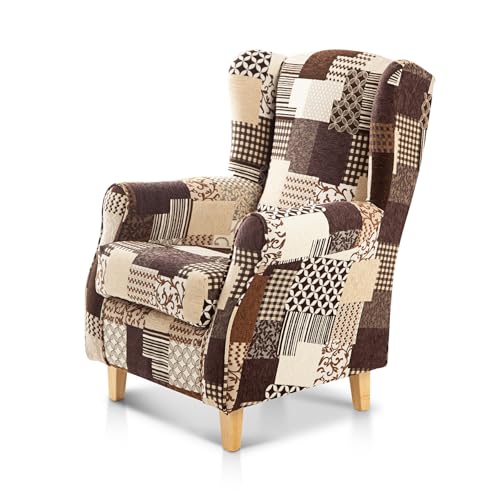 SUEÑOS ZZZ - Sillón Irene, sillón orejero de Lactancia tapizado en Tela Patchwork Marrón,...