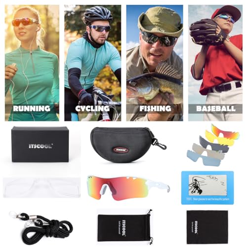Image of ITSCOOL Polarized Sports Sunglasses with 5 Interchangeable Lenses for Men Women Softball Baseball Running Cycling Glasses