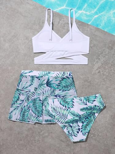 Image of Girl's 3 Piece Bikini Set Tropical Leaf Print Criss Cross Swimwear Bathing Suit Swimsuit with Skirts Cover Up Green 11-12Y
