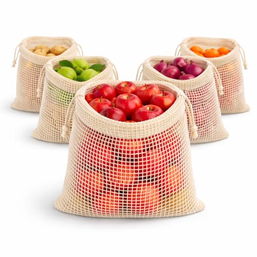Fridge Bags for Vegetables (Pack of 5, 30x30 cm), 100% Cotton Mes...