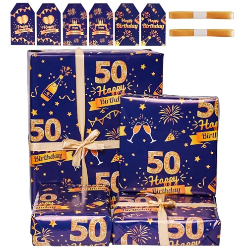 50th Birthday Wrapping Paper Set with Tags Ribbons 6 Sheets 70x50cm Happy Birthday Wrapping Paper Blue Gold Gift Wrap Paper for Men Him Gift Decorations Recyclable (50th)
