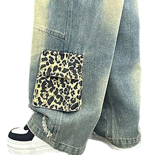Tween Girls Baggy Jeans-Casual Wide Leg Denim Pants with Leopard Print Pockets, Elastic Waistband Jeans for Girls4