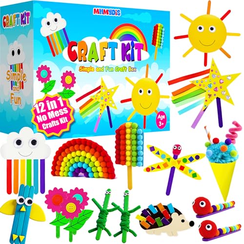 MHMYDIS First Craft Kit for Kids - 12 in 1 No Mess Creative Arts and Crafts kit for Kids Ages 4-8 - Toddler Crafts Kit Supplies - Gifts for Girls and Boys 3 4 5 6 7 8 Year Old