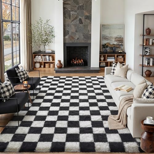 PureCozy Checkered Rug 8x10 for Living Room, Black and White Modern Shag Rugs Super Soft Washable Indoor Office Fuzzy Carpet Non-Slip Fluffy Rugs for Bedroom Home Aesthetic Decor