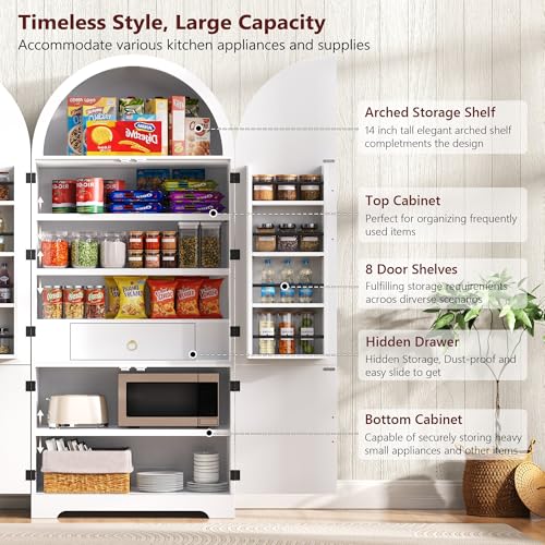 Image of Ball & Cast 72″Tall Arched Kitchen Pantry Cabinet with 8 Door Shelves & Drawers,Versatile Farmhouse Fluted Pantry Storage Cabinet w / 3 Adjustable Shelves for Kitchen,Dining Room,White