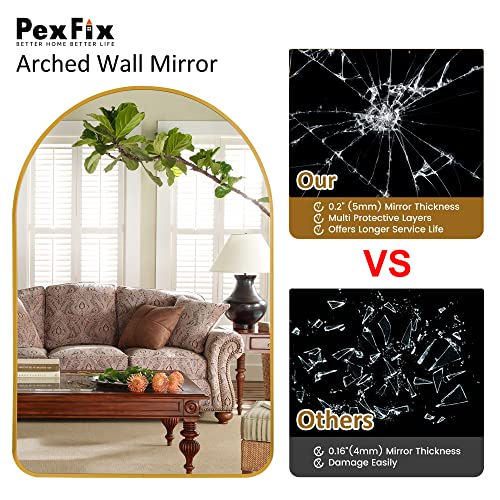 Image of PexFix Arched Wall Mirror 36 inchx24 inch Large Bedroom Mirror with Aluminum Alloy Thin Frame,Arch Top Rounded Corner,Gold
