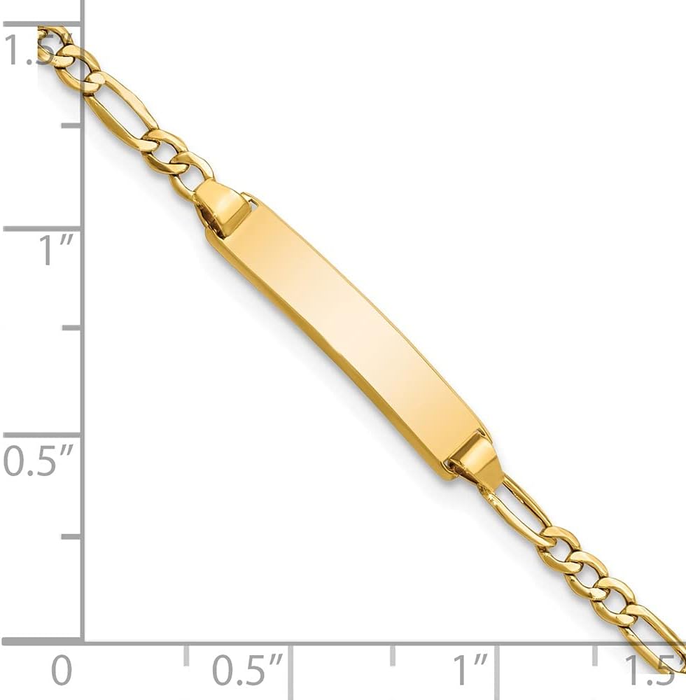 Engravable Personalized Custom 14K Yellow Gold Semi-Solid Polished Figaro ID Bracelet For Men or Women Length 7 inches Width 4.5 mm