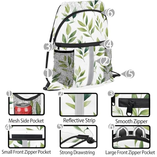 Green Sage Leaf Drawstring Backpack Waterproof String Bag Sackpack Plants Cinch Sack for Traveling Gym Sports with Mesh Pockets4