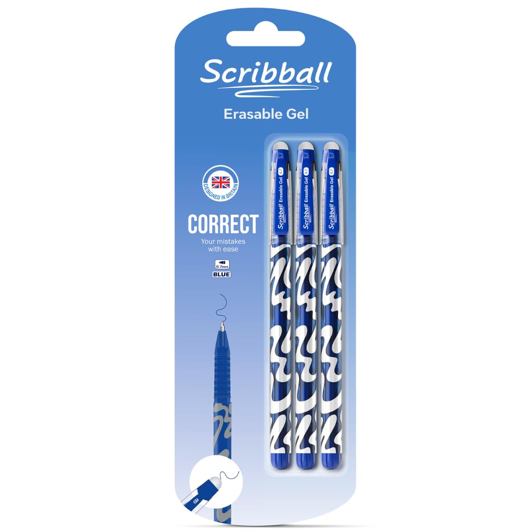 Scribball Blue Erasable Pens 0.7mm Bullet Tip Refillable (Pack of 3) For Students Adults Handwriting Gel Pens Smooth Writing Style Rub Out Pens School Kids Work Ink (Blue)