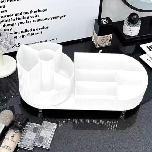Image of COOFANDY Makeup Organizer, 360 Rotating Makeup Organizer, Rotating Compartment 2 In 1 Cosmetic Storage, Makeup Organizer Storage Is Perfect for Dresser, Bathroom, Bedroom (WHITE)