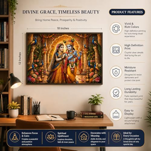 Image of Rangoli Radha Krishna Self Adhesive Poster 18x12 Inch | Divine Hindu God Wall Sticker Poster with Peacock Design for Home Temple Pooja Room Living Room Bedroom Decor