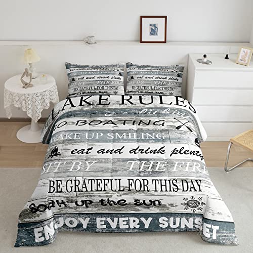 Lake Rules Decor Comforter Set Twin, Country Lake House Bedding Set For Kids Boys Girls Teens, Rustic Farmhouse Wooden Stripes Duvet Insert Lake Paddle Boat Down Comforter 2 Pcs With 1 Pillow Case