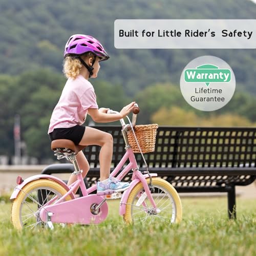 Image of Glerc Little Molly 12-20 Inch Kids Retro Cruiser Bike for 2-13 Year Old with Wicker Basket & Training Wheels /Kickstand, Multiple Colors