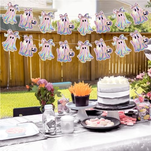 Image of Oudain 2 Pack Halloween Ghost Garland 6.56 ft Iridescent Ghost Decor Laser Cute Boo Holographic Paper Bow Hanging Banner for Halloween Party Decor Birthday Party Home Indoor Outdoor Mantel