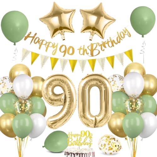 Decoracion Cumpleaños 90 Años Oro Verde, Globos 90 Cumpleaños Hombre Mujer, Pancarta Triángulo Happy Bithday 90 Años para Hombre Mujer Cumpleaños Decoracion Fiesta