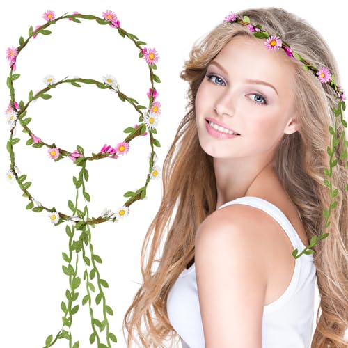 BOOMTOP 2 peças diadema coroa de flor margarida, diadema casamento grinalda flores, diadema floral de guirlanda, fita de cabelo casamento flor coroa para meninas mulher