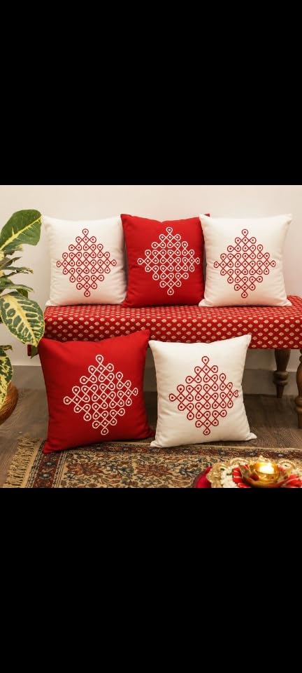 Image of Kolam Design Cushion Cover, Digital Printed Pillow Cover, 16inchx16inch, Hidden Zipper, Set of 2 (Red)