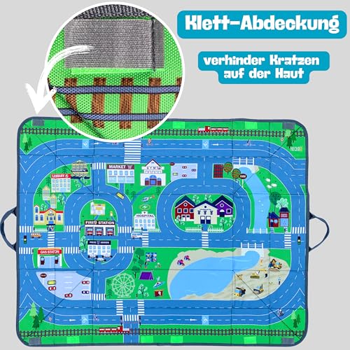 HECKBO 4-in-1 Auto Organizer und Spielteppich - Kinder Spielzeug-Aufbewahrungsbox - Faltbare Spielmatte mit Straßenmotiv - Sichere Befestigung im Auto, 91cm x 72cm