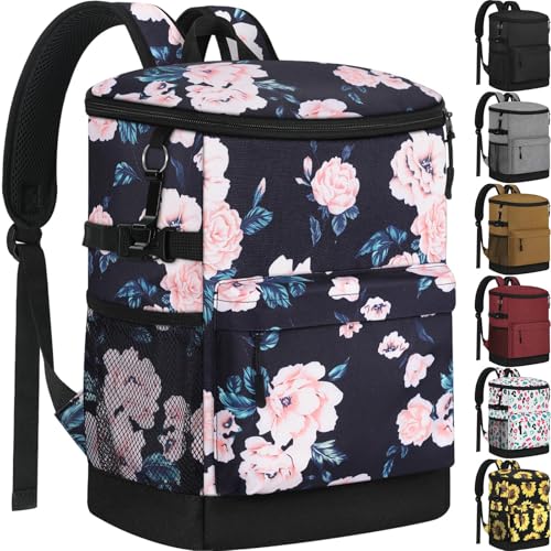 Tenot Cooler Backpack 33 Cans Backpack Coolers Insulated Leak Proof Soft Beach Cooler Bag for Men Women Ice Chest Backpack Camping Hiking Picnic Travel Cooler Lunch Backpack Black Pink Floral