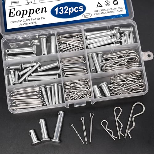 Image of 132Pcs Clevis Pin Cotter Pin Hair Pin Assortment Kit - 304 Stainless Steel 15 Sizes Cotter Pin & R Clips Pin Zinc-Plated Single Hole Flat Head Clevis Pins