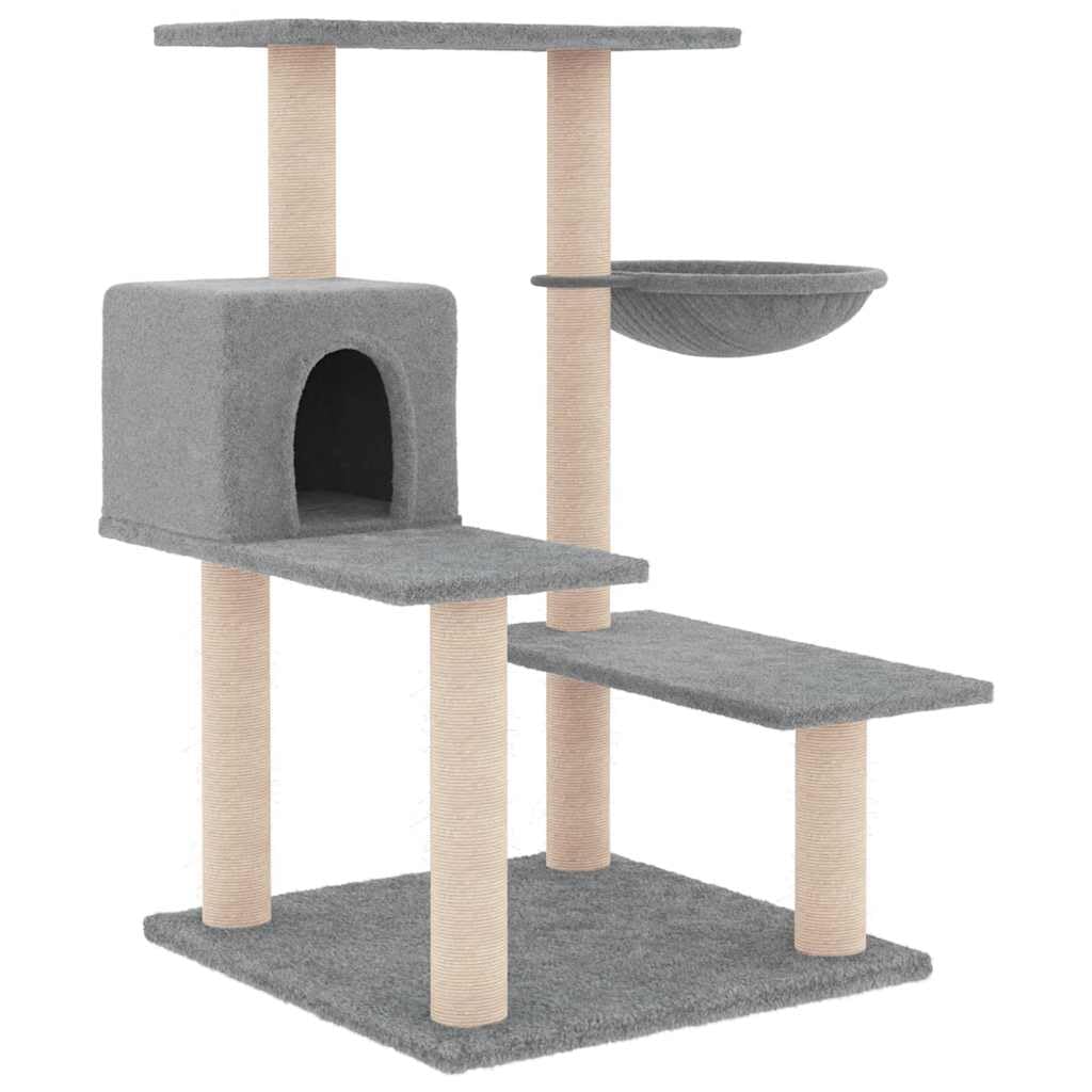 Árbol rascador con cueva de sisal, 82,5 cm, color gris claro | Mueble para gatos de varios niveles con cesta y cueva para el salón o el dormitorio.