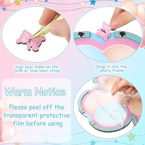 Image of Wenqik 63 Bear Gender Reveal Baby Shower Guest Book Alternatives Set Baby Shower Decorations with Photo Frame Sonogram Frame Keepsake 60 Wood Slices Guest Book for Birthday