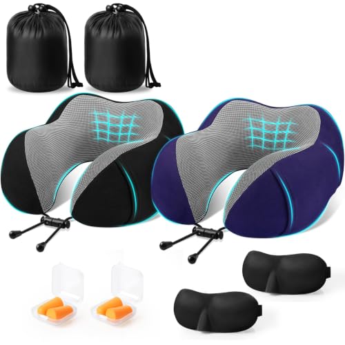 Image of CloudBliss Memory Foam Travel Neck Pillow Airplane, 2 Pack, Black & Navy