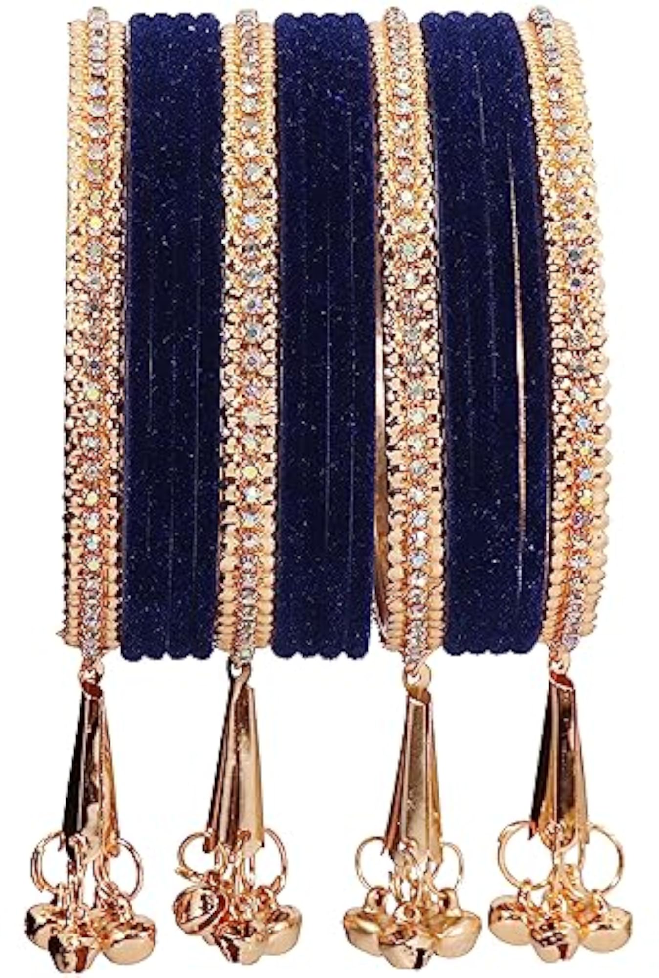 Zircon Gemstone Metal Bangle Set with Velvet Studded Bells