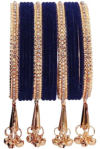 Image of NMII Metal with Zircon Gemstone and Velvet Studded Bells Latkan Bangles Set For Girls and Women I Latkan Bangles, Premium Bangle Bracelet Set I Pack of 16 Bangles
