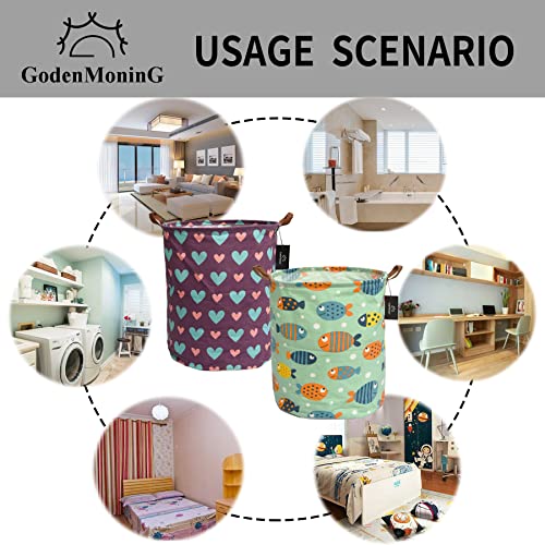 Collapsible Laundry Basket - Godenmoning 2X 62.8L Large Sized Round Waterproof Storage Bin With Leather Handles,Home Decor,Toy Organizer,Children Nursery Hamper.(Colour Fish & Purple Love Heart, 1+1) #TOP2