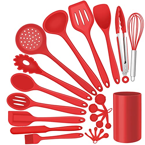 Silicone Kitchen Utensils Set, E-far 23 Pcs Red Cooking Utensils Tools with Holder for Nonstick Cookware, Include Spatula/Spoon/Ladle/Tongs/Turner, Heat Resistant & Nontoxic, Dishwasher Safe