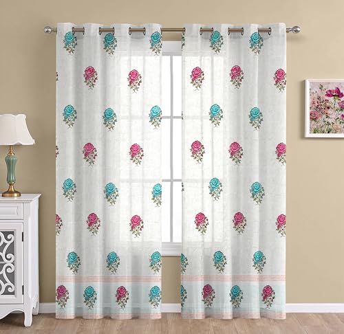 Image of THE LINEN COMPANY Cotton Sheer Printed Curtain for Door Bedroom and Living Roonm Home decor Set of 2 (08 Feet,Royal Rose)