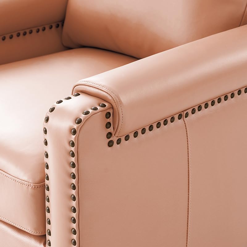 Genuine Leather Accent Chair, Comfy Upholstered Armchairr with Wooden Legs, Modern Living Room Chair with Removable Cushion & Rolled Arms, Pink