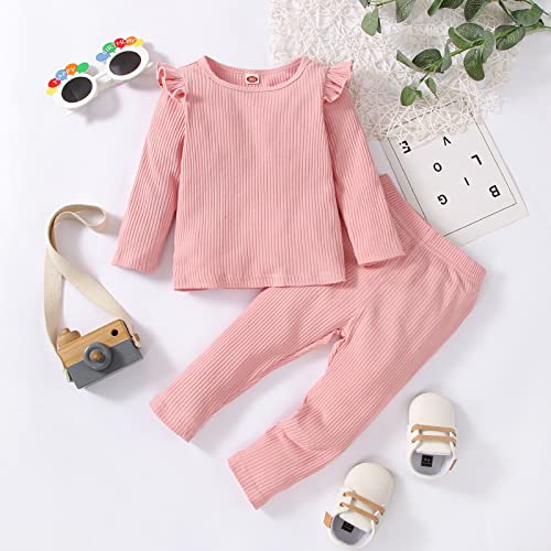 Conjunto de calças infantis para meninos e meninas casual de mangas compridas com nervuras e mangas