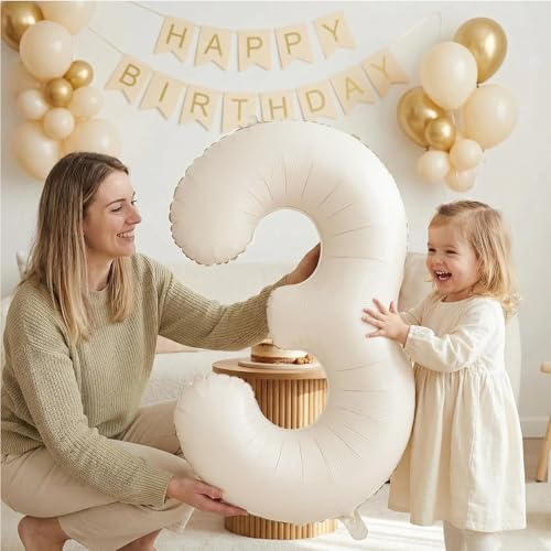 Image of Number Balloons for Birthday Decorations - 40 Inch Large Party Balloons 3, Cream Foil Number Balloons for Boys Girls, Balloons for Party Supplies