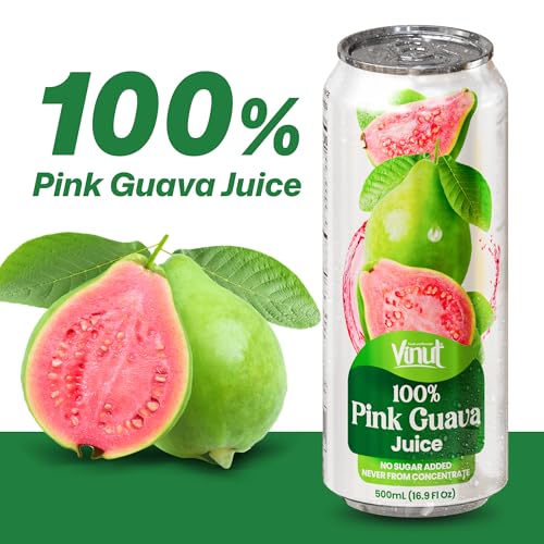 Image of VINUT 100% Pink Guava Juice, No Added Sugar, Not From Concentrate, 16.9 fl oz (500 mL) Can, Pack of 24