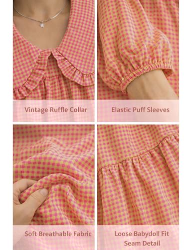 Image of Ynhonra Women's Gingham Mini Dress 3 /4 Puff Sleeve Babydoll Doll Collar