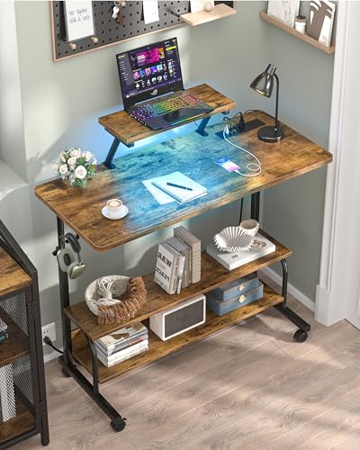 Height Adjustable Standing Desk with Power Outlets and LED Lights - 39\" Manual Stand Up Desk with Monitor Stand and Storage Shelves Small Mobile Rolling Computer Desk Portable Laptop Table, Rustic