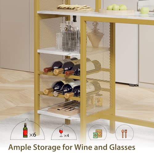VECELO Bar Table and Chairs Set for 2, 3-Piece Dining Set with Storage Shelves, Cup Holder & Wine Rack, PU Leather Cushion Stools, for Kitchen Small Space, Gold