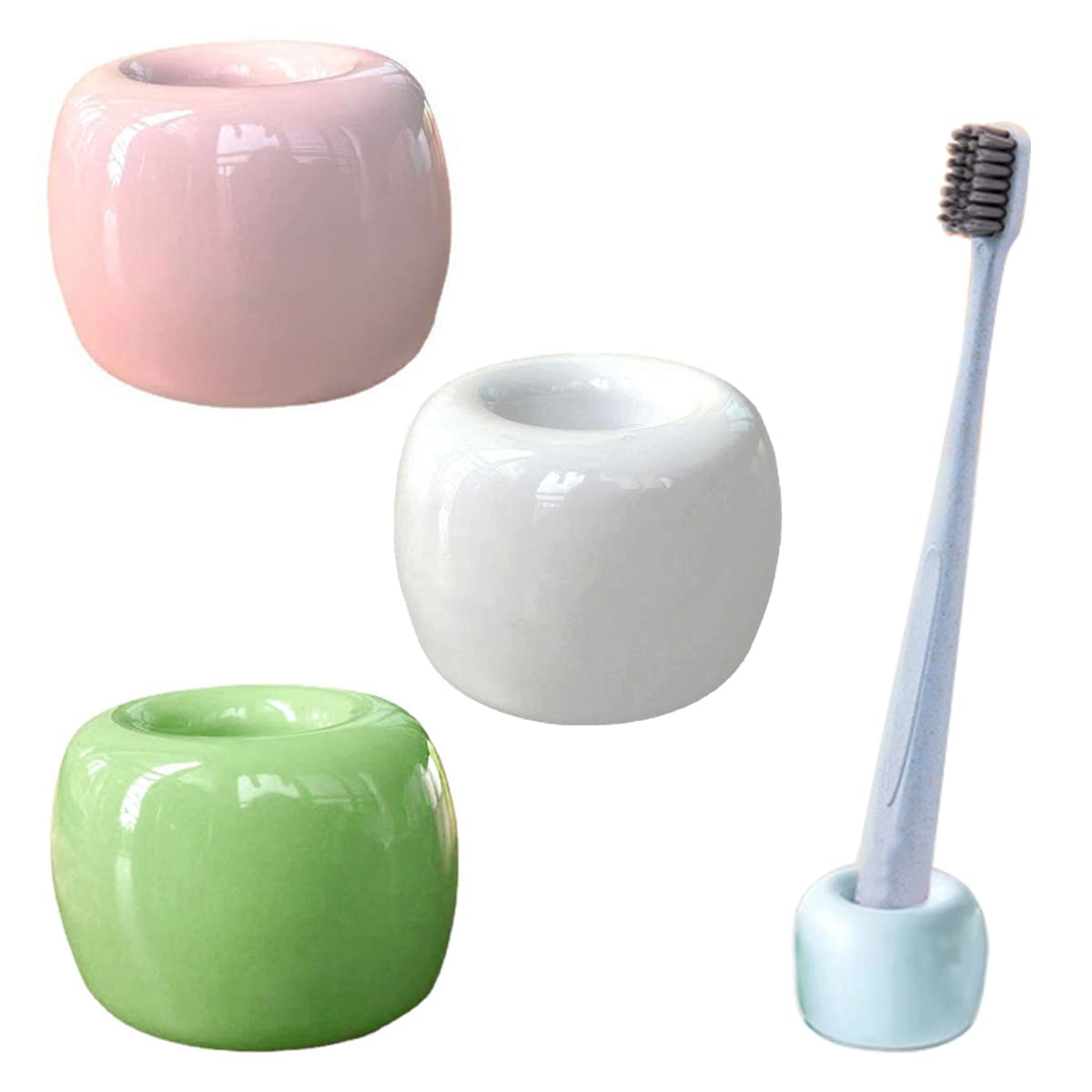 Anller Ceramic Toothbrush Holder Stand, Office Pen Holder, 3 Pieces Set, Pink & White & Green