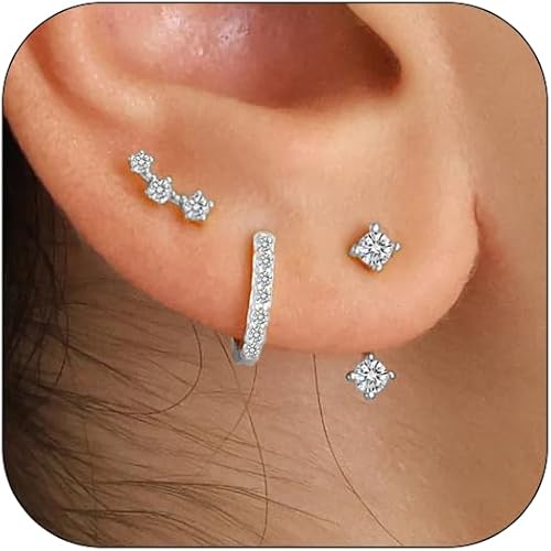 14K Real Gold Earring Sets for Women Dainty Gold Stud Earrings Set Non Tarnish Sterling Silver Earrings Hoops Double Piercing Earrings Two Holes Dainty Earring Sets for Multiple Piercing