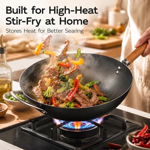 Image of WANGYUANJI 13.4 Inch Carbon Steel Wok Pan with Glass Lid, Flat Bottom Chinese Stir Fry Wok for Induction, Gas and Electric Stoves, Uncoated Iron Wok for Stir Frying, Sauteing and Deep Frying