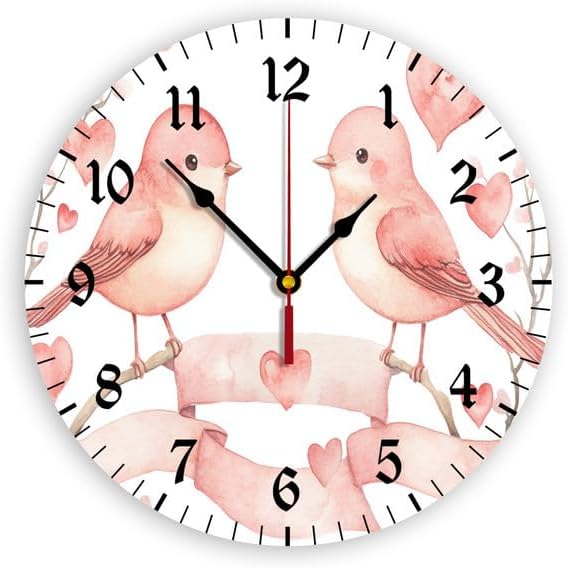 Cute Love Birds Silent Non Ticking Clock 12 Inch, Round Holiday Wall Clock,Decorative for Living Room, Kitchen, Home,Bathroom, Bedroom, Office or School