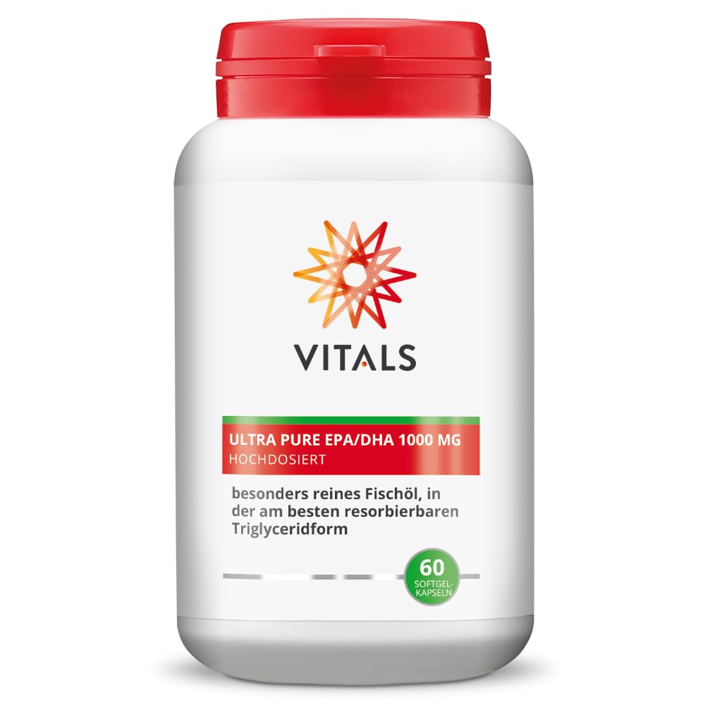 Vitals - Ultra Pure EPA/DHA 1000mg 60 gélules de softgel.Hautement dosé avec 570mg d'EPA et 430mg de DHA par gélule de softgel.Oméga 3 pur très bien absorbable sans additifs inutiles.