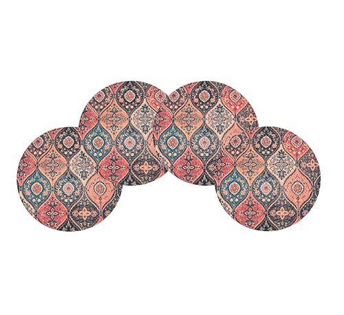 Image of LaVichitra Cotton Table Placemat | Dining Table Mat | Bed Side Table Mat | Cotton Round Shape Placemats | Washable PlaceMat for Shelves & Plant Pots - Pack of 4, Bohemian Ogee