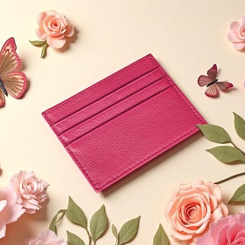 Image of M-Plateau Super Slim Genuine Leather Credit Card Wallet | Card Holder, Small Wallet for Man and Women with 6 Card Slots and 1 Pocket (Rose Red)