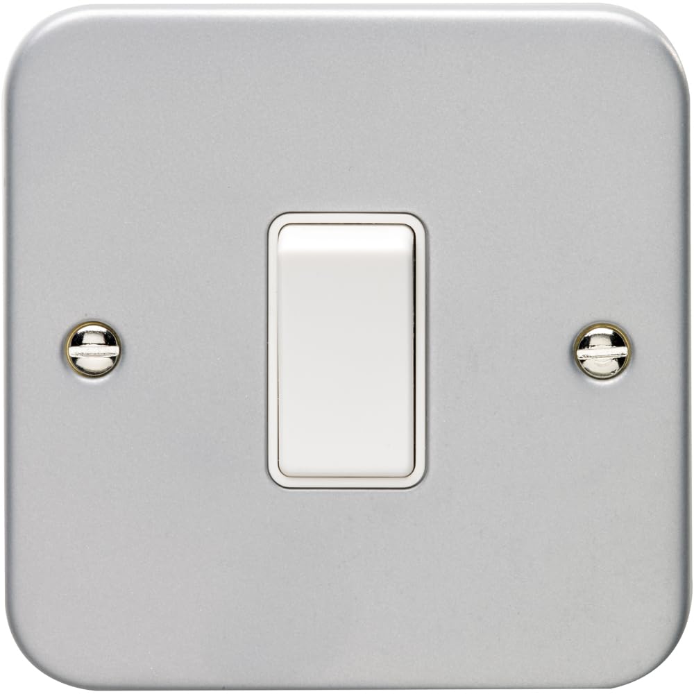 1 Gang Single Light Switch 2 Way 10A Heavy Duty Metal CLAD - White Trim & Rocker - Decorative Kitchen Living Room Bedroom Plate
