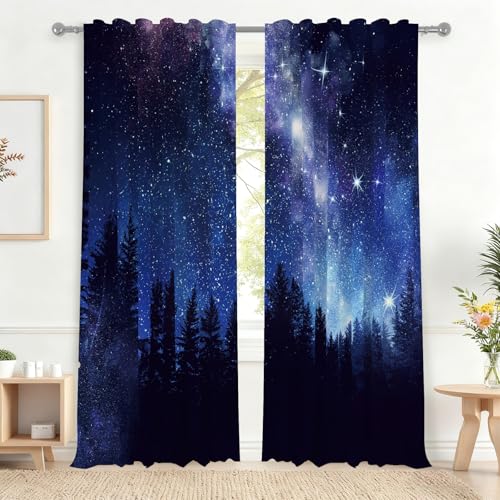 Renaiss 42 x 84 Inch Starry Night Sky Curtains Light Filtering Twinkle Star Forests Childs Little Boy Bedroom Curtains Pine Tree Half Window Curtains Galaxy Rod Pocket Cafe Window Drapes 2 Panels