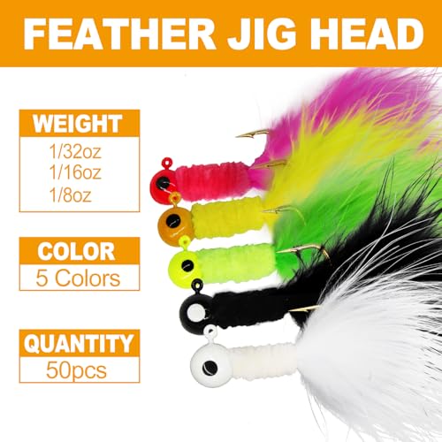INFISHCEO 50PCS Crappie Fishing Jigs Hook Kit Feather Hair Jigs for Crappie Fishing baits Lures Panfish Trout 1/8 1/16 1/32 oz - Thumbnail 5